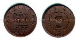 Porzellan-Notmünze (Böttgersteinzeug) der Stadt Kitzingen Wert von 50 Pfennig