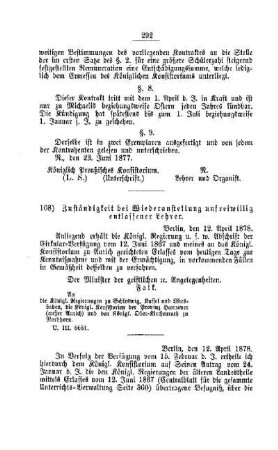 Zuständigkeit bei Wiederanstellung unfreiwillig entlassener Lehrer : [IV. Seminare, Bildung der Lehrer und deren persönliche Verhältnisse]