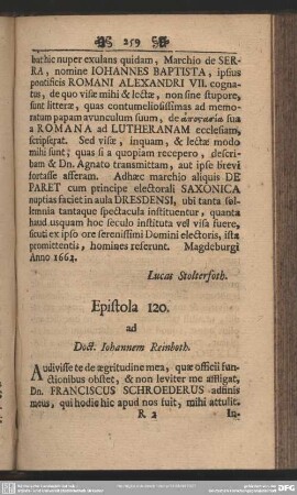 Epistola 120. ad Doct. Iohannem Reinboth