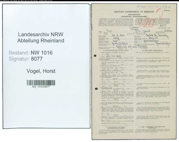 Entnazifizierung Horst Vogel , geb. 14.03.1913 (Gaertner)