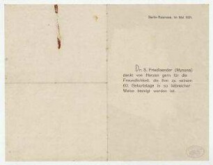 Brief von Salomo Friedlaender (Mynona), Berlin