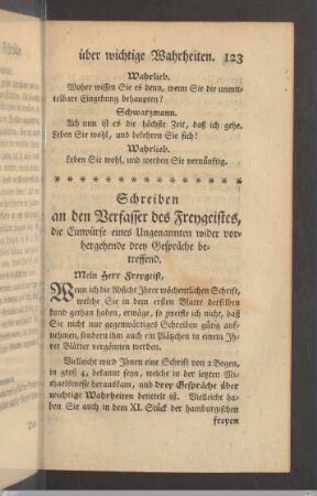 6. Beantwortung der Einwürfe eines Ungenannten wider diese Gespräche.