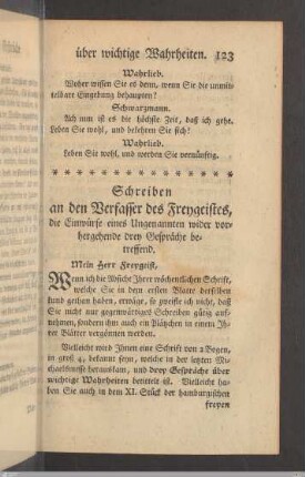 6. Beantwortung der Einwürfe eines Ungenannten wider diese Gespräche.