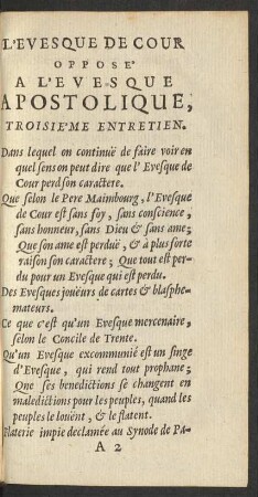 L'Evesque De Cour Opposé A L'Evesque Apostolique, Troisième Entretien.