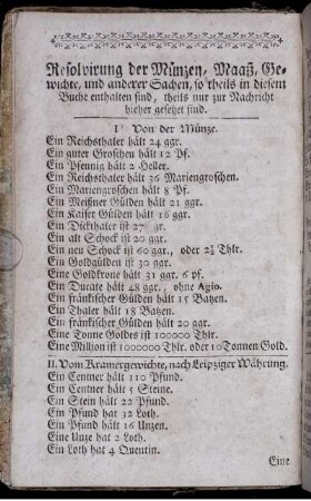 Resolvierung der Münzen, Maaß, Gewichte und andere Sachen.