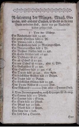 Resolvierung der Münzen, Maaß, Gewichte und andere Sachen.
