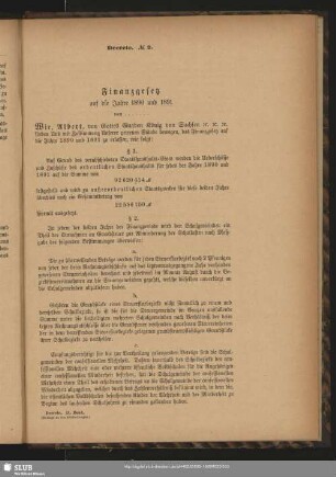 Finanzgesetz auf die Jahre 1890 und 1891