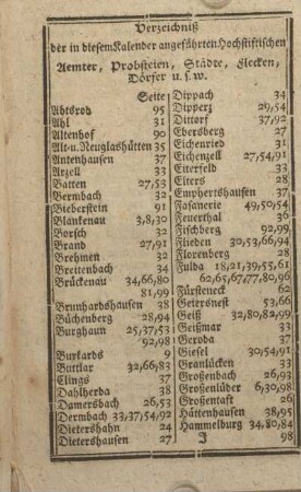 Verzeichnis der in diesem Kalender angeführten hochstiftischen Aemter, Probsteien, Städte, Flecken, Dörfer u.s.w.