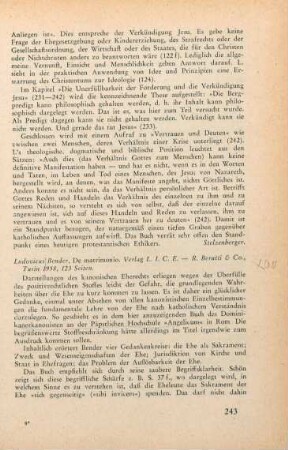 243-244 [Rezension] Bender, Ludwig, De matrimonio