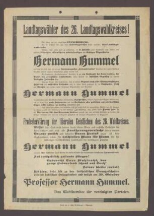 Wahlplakat: "Landtagswähler des 26. Landtagswahlkreises! Wir stehen...Professor Hermann Hummel." Wahlkomitee der vereinigten Parteien, 1913, J. Huß, St. Georgen
