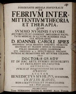 Dissertatio Medica Inauguralis De Febrium Intermittentium Theoria Et Therapia : A D. I. Iulii MDCCXXI.