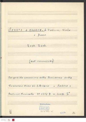 Sonata a quattro : per 2 violini, viola e basso (organo)