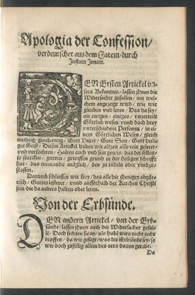 Apologia der Confession/ verdeutschet aus dem Latein/ durch Justum Jonam.