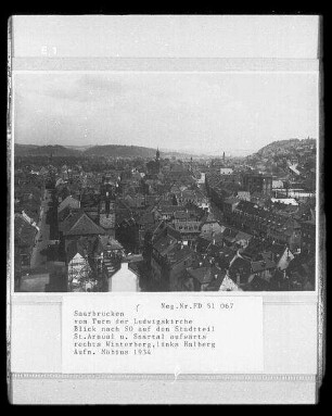 Saarbrücken, Blick vom Turm der Ludwigskirche nach Südosten auf den Stadtteil Sankt Arnual.