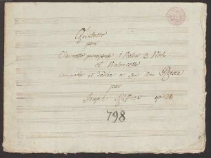 Quintets, vl, vla (2), vlc, cl, op. 33, HenK 33, Es-Dur - BSB Mus.Schott.Ha 907 : [title page:] Quintetto // pour // Clarinetto principale 1 Violon 2 Viole // et Violoncello // composée et dediée a son Ami Roeser // par // Joseph Küffner opus [...?] [corrected with red chalk to 33]