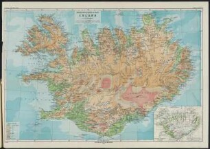 Höhenschichten-Karte von Island, 1:750 000, Druck, 1905 : Höhenschichten-Karte von Island / von Th. Thoroddsen. - 1:750 000. - Gotha: Perthes, 1905. - 1 Karte : mehrfarbig, 49 x 74 cm. - Mit 1 Nebenkarte: Siedelungen und Ödländereien in Island