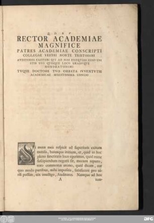 Rector Academia Magnifice Patres Academiae Conscripti Collegae Vestri Morte Tristissimi ...