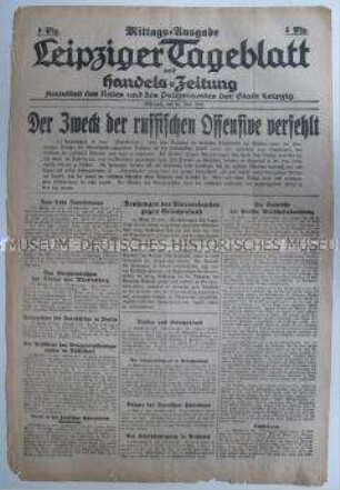 Lokale Tageszeitung "Leipziger Tageblatt" mit Nachrichten zum Kriegsgeschehen an verschiedenen Fronten