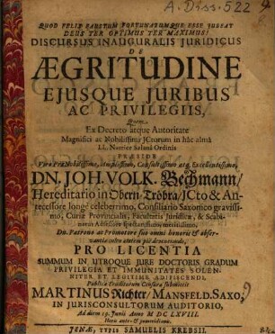 Discursus inauguralis iuridicus de aegritudine eiusque iuribus ac privilegiis