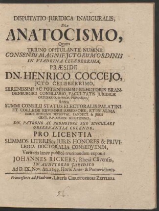 Disputatio Iuridica Inauguralis, De Anatocismo