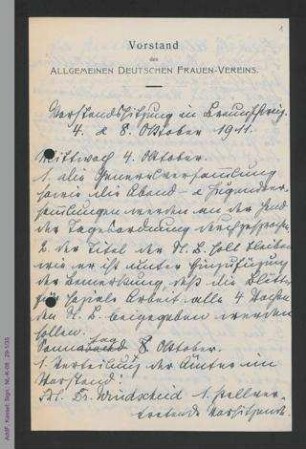Protokoll Vorstandssitzung Oktober 1911