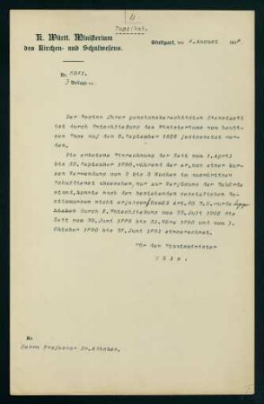 Festlegung der pensionsberechtigten Dienstzeit (04.08.1908)
