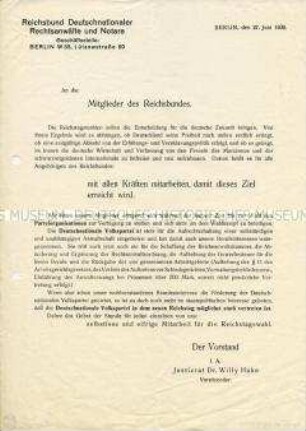 Rundschreiben des Reichsbundes Deutschnationaler Rechtsanwälte und Notare an seine Mitglieder zur aktiven Unterstützung der DNVP in der letzten Phase bis zur Reichstagswahl Juli 1932