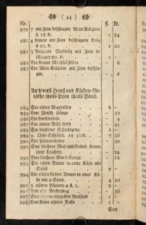 44-45, diversi Hauß und Küchern-Geräthe theils Eisen theils Blech