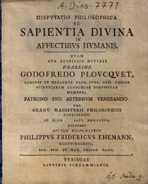 Disputatio Philosophica De Sapientia Divina In Affectibus Humanis