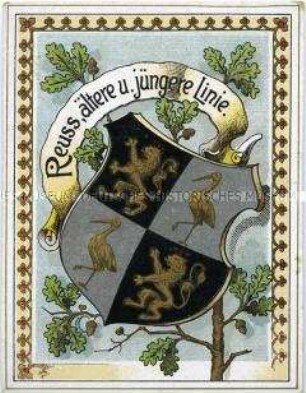 Postkarte mit Wappen des Fürstentums Reuß, ältere und jüngere Linie