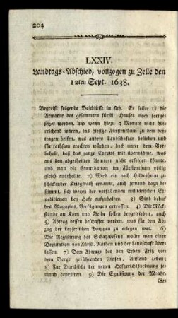 LXXIV. Landtags-Abschied, vollzogen zu Zelle den 12ten Sept. 1638.
