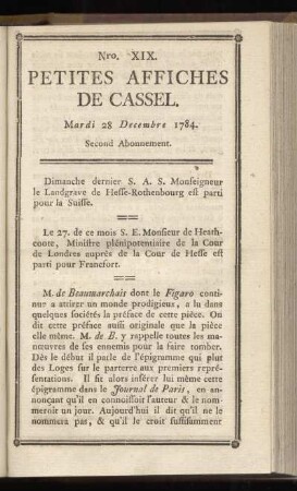 No XIX (Mardi 28 Decembre 1784)