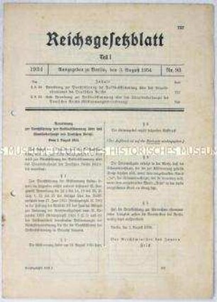 Reichsgesetzblatt mit der Verordnung zur Durchführung der Volksabstimmung über das Staatsoberhaupt des Deutschen Reiches