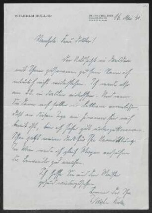 Brief von Wilhelm Buller an Margarete Hauptmann