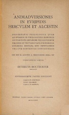 Animadversiones in Euripidis Herculem et Alcestin : (Bonner Doctordiss.)