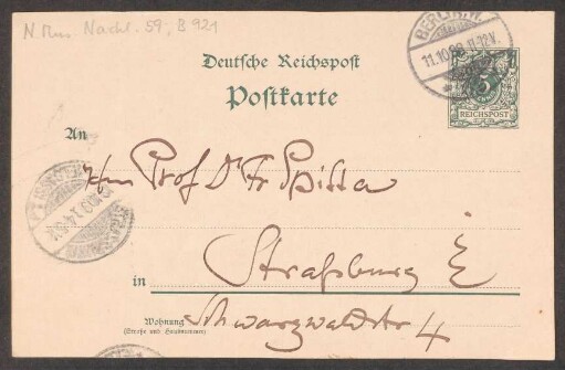 Postkarte an Friedrich Spitta : 11.10.1898