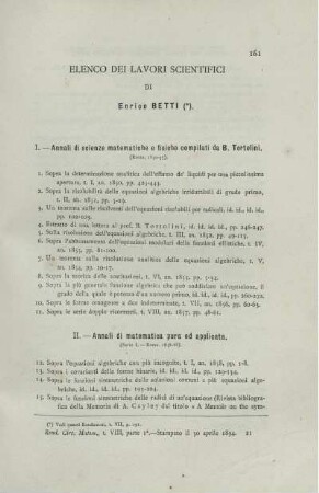Elenci dei lavori scientifici di enrico betti.