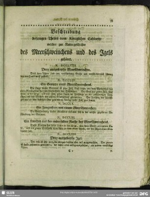 Beschreibung desjenige Theiles vom Königlichen Cabinette welcher zur Naturgeschichte des Meerschweinchens und des Igels gehören