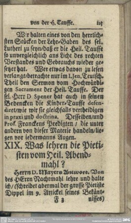 XIX. Was lehren die Pietisten vom Heil. Abendmahl?