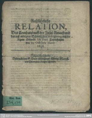 Außführliche Relation, des Combats auff der Insul Amack : s. d. Copenhagen d. 12. Oct. 1658