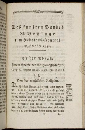 Des fünften Bandes XI. Beylage zum Religions-Journal im October 1786