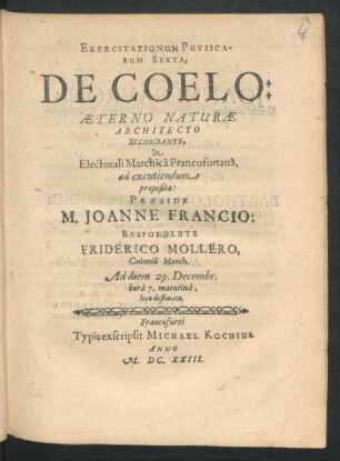 Exercitationum Physicarum Sexta, De Coelo
