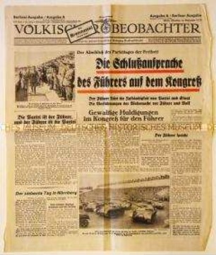 Titelblatt der Tageszeitung "Völkischer Beobachter" zum Abschluss des Parteitages der NSDAP