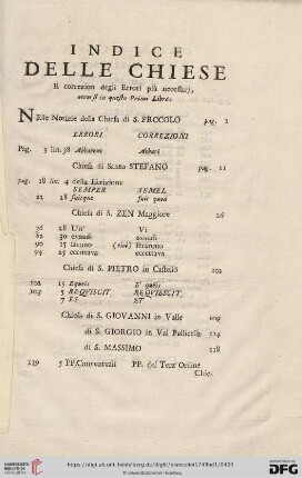 Indice delle Chiese e correzion degli Errori [...]
