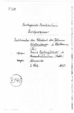 Rechtssache der Ehefrau Christine Schellenberger in Heilbronn (Kl.) gegen Franz Baumgärtner in Massenbachhausen (Bekl.) wegen Alimenten