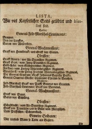 Lista, Wie viel Kayserlicher Seits getödtet ...