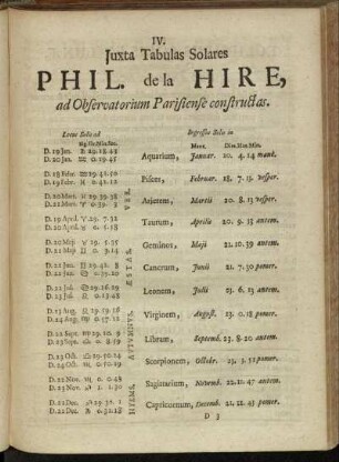IV. Juxta Tabulas Solares Phil. de la Hire, ad Observatorium Parisiense constructas
