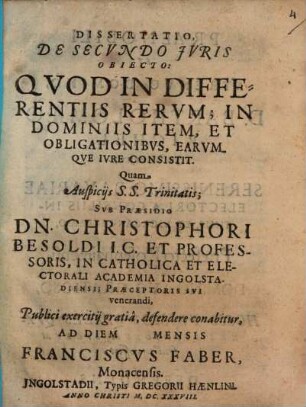 Dissertatio, De Secvndo Jvris Obiecto: Qvod In Differentiis Rervm; In Dominiis Item, Et Obligationibvs, Earvmqve Ivre Consistit