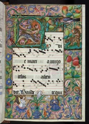 Vollbordüre mit Mariae Verkündigung, Zierintiale: H(odie maria virgo celos ascendit)