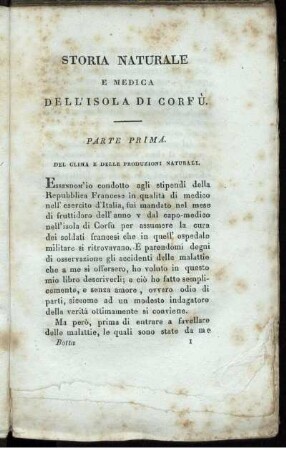 Storia Naturale E Medica Dell' Isola Di Corfù. Parte Prima.